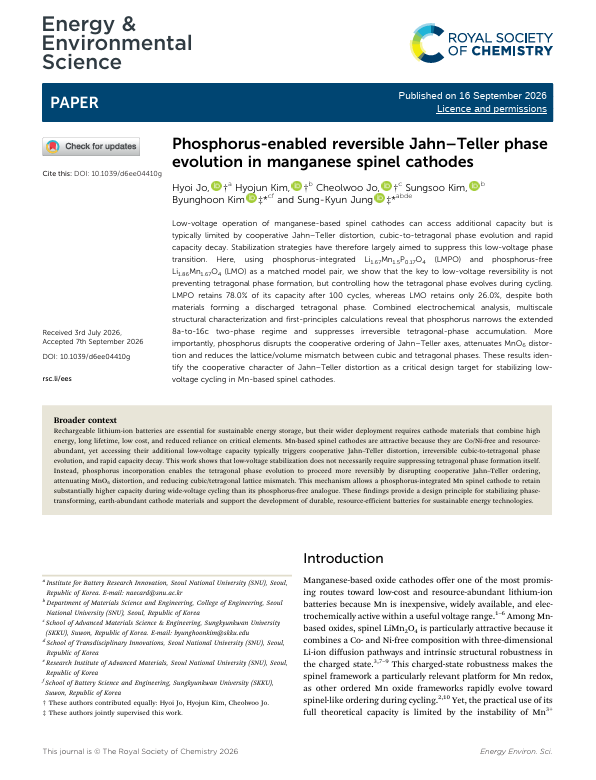 First page of Phosphorus-enabled reversible Jahn–Teller phase evolution in manganese spinel cathodes