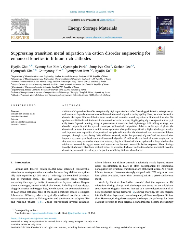 First page of Suppressing Transition Metal Migration via Cation Disorder Engineering for Enhanced Kinetics in Lithium-rich Cathodes