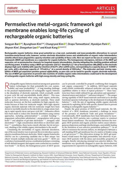 Permselective metal-organic framework gel membrane enables ultralong-life cycling of rechargeable organic batteries