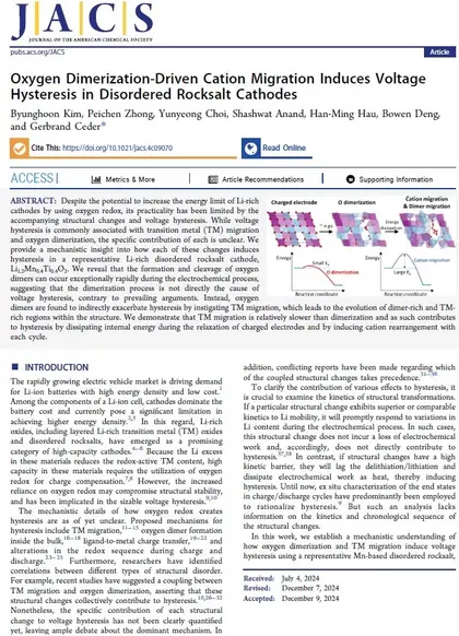 Oxygen Dimerization-driven Cation Migration Induces Voltage Hysteresis in Disordered Rocksalt Cathodes